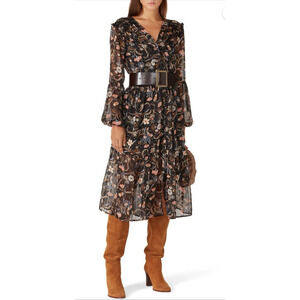 MINKPINK Women L Shiloh Midi Dress Floral Unlined Ruffle Long Sleeve Black